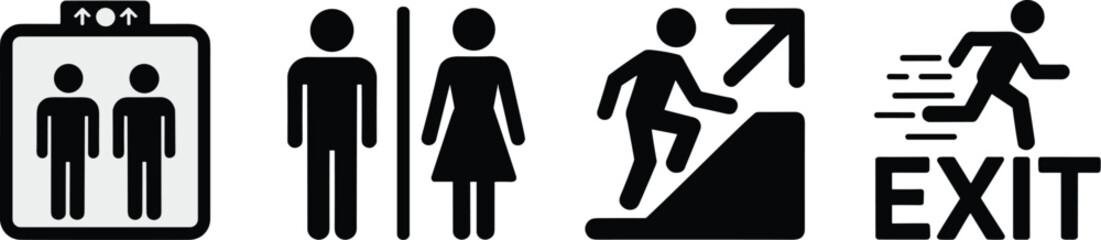 Elevator Toilet Stairs and Exit Pictograms Set Vector Illustration Showing People Using Lift Facilities Restroom Climbing Steps and Emergency Evacuation Running Sign for Safety Guidance in Public Buil