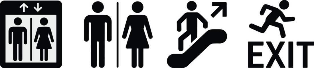 Modern restroom elevator escalator exit signs set for wayfinding guidance in public spaces minimalist black and white vector illustration for architecture interior design safety navigation and accessi