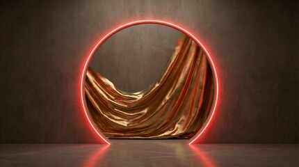 Illuminated red neon circle portal with golden fabric opening. Abstract modern art design for luxury event background or product display.