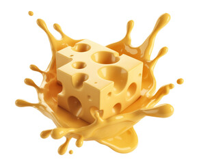 Dynamic cheese splash 3d with vibrant yellow liquid dairy product, a delicious block of Swiss cheese isolated on white for food concepts.