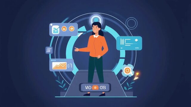 Illustrated professional interacting with digital interface, representing remote work, modern productivity tools, and virtual office technology background.