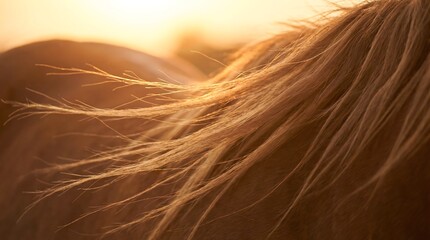 Horse mane blowing in wind with golden sun light. Animal hair texture and details for equestrian and nature concept. Warm glowing backdrop.