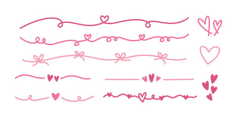 Pink hand drawn romantic whimsical dividers and borders. Decorative heart and bow line elements for wedding invitations, Valentine's Day greeting cards, and feminine scrapbooking designs.