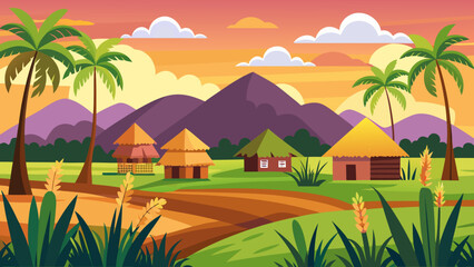 Obraz premium Tropical village sunset Vector