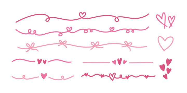 Pink hand drawn romantic whimsical dividers and borders. Decorative heart and bow line elements for wedding invitations, Valentine's Day greeting cards, and feminine scrapbooking designs.