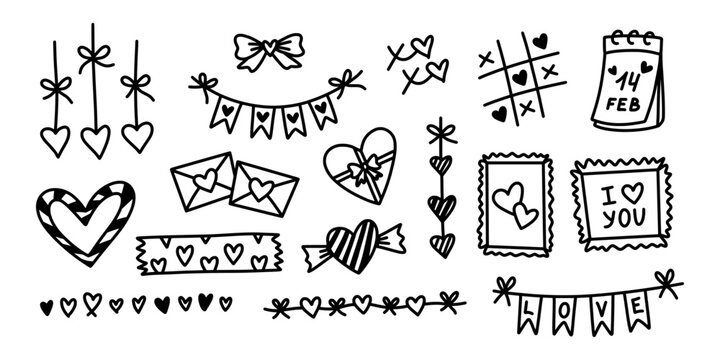 Big set of hand-drawn Valentine's Day doodles. Black outline elements including hearts, letters, banners, candy, calendar, stamps, and dividers for romantic scrapbooking and stationery.