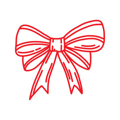 Elegant red outline bow illustration for gift packaging and decoration. Hand drawn ribbon knot for holiday greeting cards and invitations. Festive red outline hand drawn bow with ribbons.