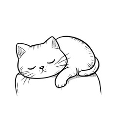 Cute hand drawn sleeping cat curled up resting peacefully with closed eyes minimalist doodle sketch line art vector illustration on white background