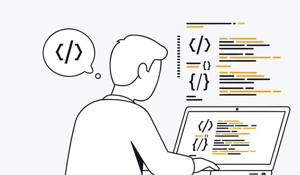Programmer working on laptop with coding symbols and lines of code on screen and in thought bubble on white background