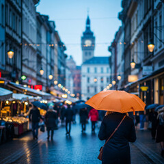 Fototapeta premium Vibrant Orange Umbrella Against the Moody Evening Rain in a Historic City Street