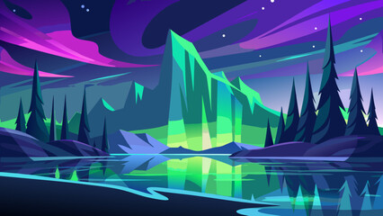 Obraz premium Luminous mountain under northern lights Vector