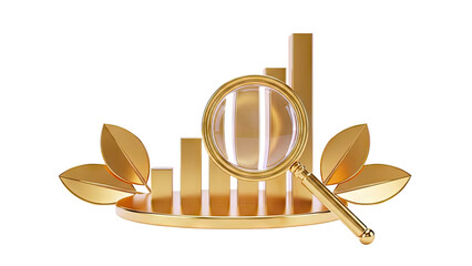 Golden bar chart with magnifying glass and leaves