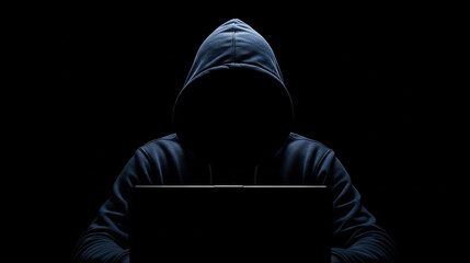 Anonymous Hacker Silhouette Working on Laptop in the Dark
