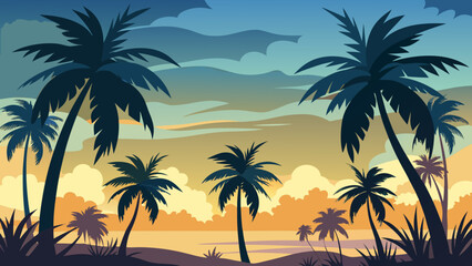 Tropical sunset over palm trees Vector