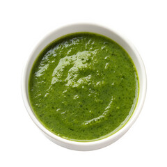 Green mint sauce in white bowl isolated on transparent background
