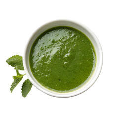 Green mint sauce in white bowl isolated on transparent background