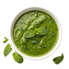 Green mint sauce in white bowl isolated on transparent background