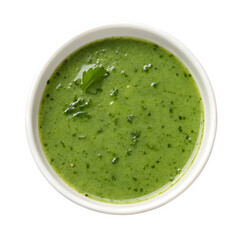 Green mint sauce in white bowl isolated on transparent background