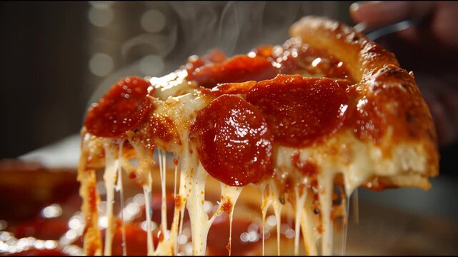 A delicious slice of pepperoni pizza being lifted from the rest of the pizza on a dark background with cheese strings.