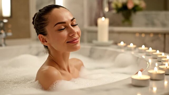 Serene woman enjoys a relaxing bubble bath surrounded by lit candles