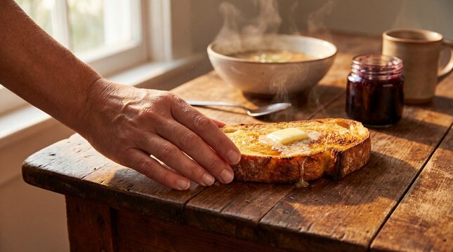 Person spreads butter on toast next to jam and oatmeal on wooden table indoors