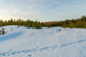 Beautiful winter landscape in Finnish Lapland around Akaslompolo, Finland