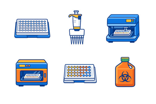 Set of laboratory equipment icons on a dark background