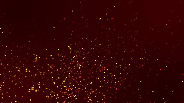 Realistic surreal fire dust sparks overlay on maroon background. Flying fire particles- Glowing particles of burning fire and smoke. Fire sparks flying fast- Burning hot sparks rise from large fire.