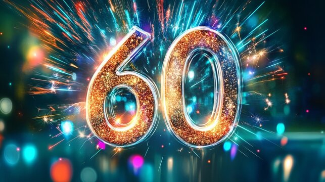 A vibrant and festive celebration of a 60th anniversary with fireworks, balloons, and joyful guests.