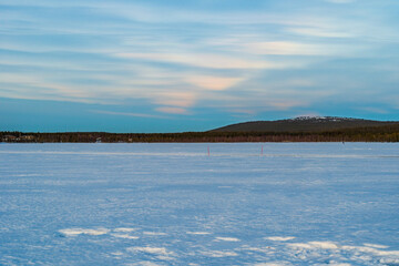 Beautiful winter landscape in Finnish Lapland around Akaslompolo, Finland