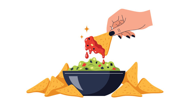 Hand dipping a tortilla chip into bowl of fresh guacamole salsa surrounded by more nachos for food and snack concept.