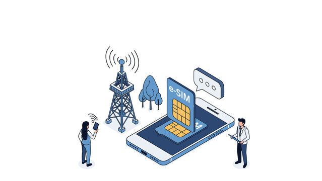 Digital esim technology is shown through a smartphone connecting to a signal tower for advanced mobile communication.