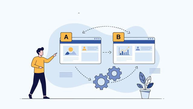 User experience designer points to two different web interface options labeled a and b for split testing comparison.