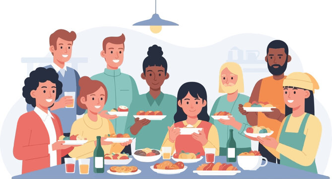 Diverse group of people gathered around a table, sharing a meal and drinks