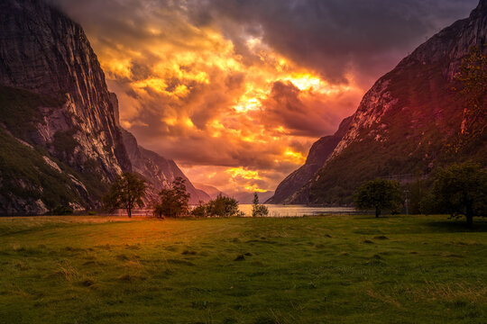 Sunset over the Lysebotn Fjord in Norway