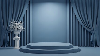 Empty Blue Stage Podium with Curtains and Floral Decor Mockup