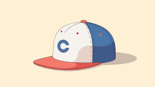 Flat brim baseball cap with blue letter C on front, white and blue panels