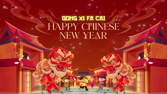 Animated Chinese New Year 2026 greeting flyer motion graphics featuring traditional lion dance performances, joyful children celebrating in a festive Chinese village, glowing red lanterns