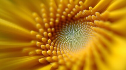 Macro image showcasing the intricate details of vibrant yellow petals forming a hypnotic spiral pattern in nature.