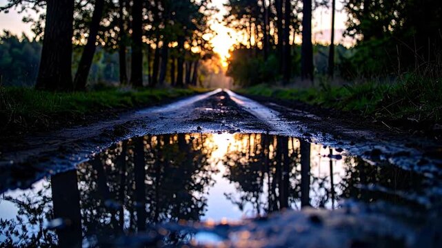 A sunlit dirt road lined with trees reflecting in a puddle, creating a beautiful mirror image