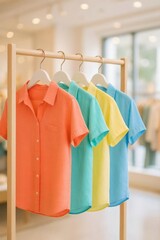 Obraz premium Colorful summer shirts on hangers for fashion stores, ecommerce, advertising and catalogs