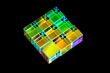 This is an optical glass X-cube prism, a type of dichroic prism used for light dispersion and color...
