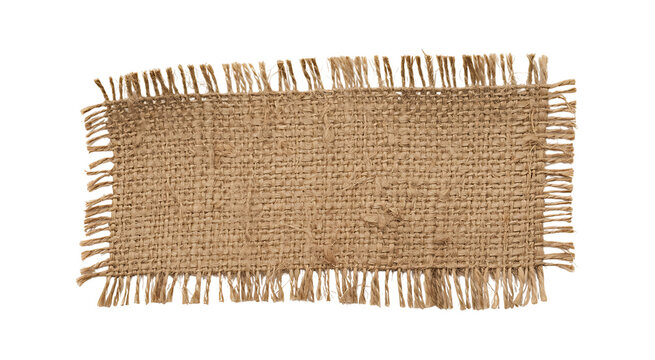 Burlap fabric label piece, Rustic hessian sack cloth edges textile, transparent background.