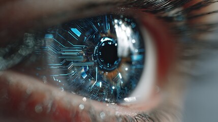 A close-up of a human eye with a futuristic circuit board reflected in the iris, symbolizing technology and innovation.