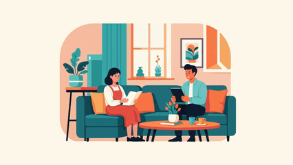 Couple relaxing at home on couch, reading and using tablet