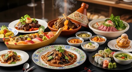 Obraz premium Diverse International Cuisine Spread with Sushi, Tagine, and Pho