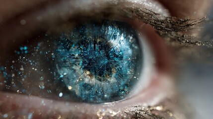 A close-up view of a human eye with a blue iris and a unique, futuristic, technological design reflected in the pupil.