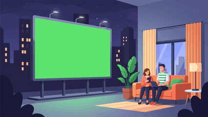 Couple relaxing indoors watching a large green screen billboard at night