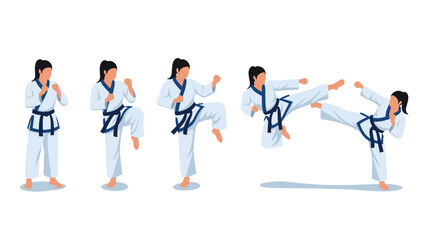 Women practicing martial arts in white uniforms with blue belts