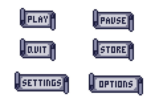 Pixel art RPG game menu button set on ancient scroll parchment. Includes Play, Pause, Quit, Store, Settings, and Options. Retro 8-bit style UI assets for medieval fantasy indie game development.